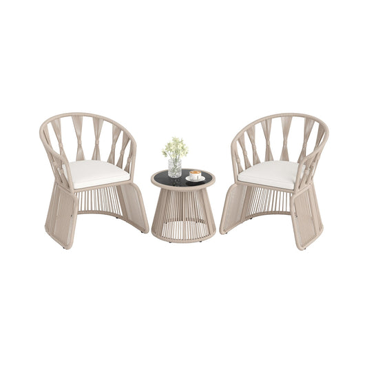 3 Piece Patio Leisure Chair Set Rope-Woven Armchairs and Table Set with Soft Seat Cushions-White