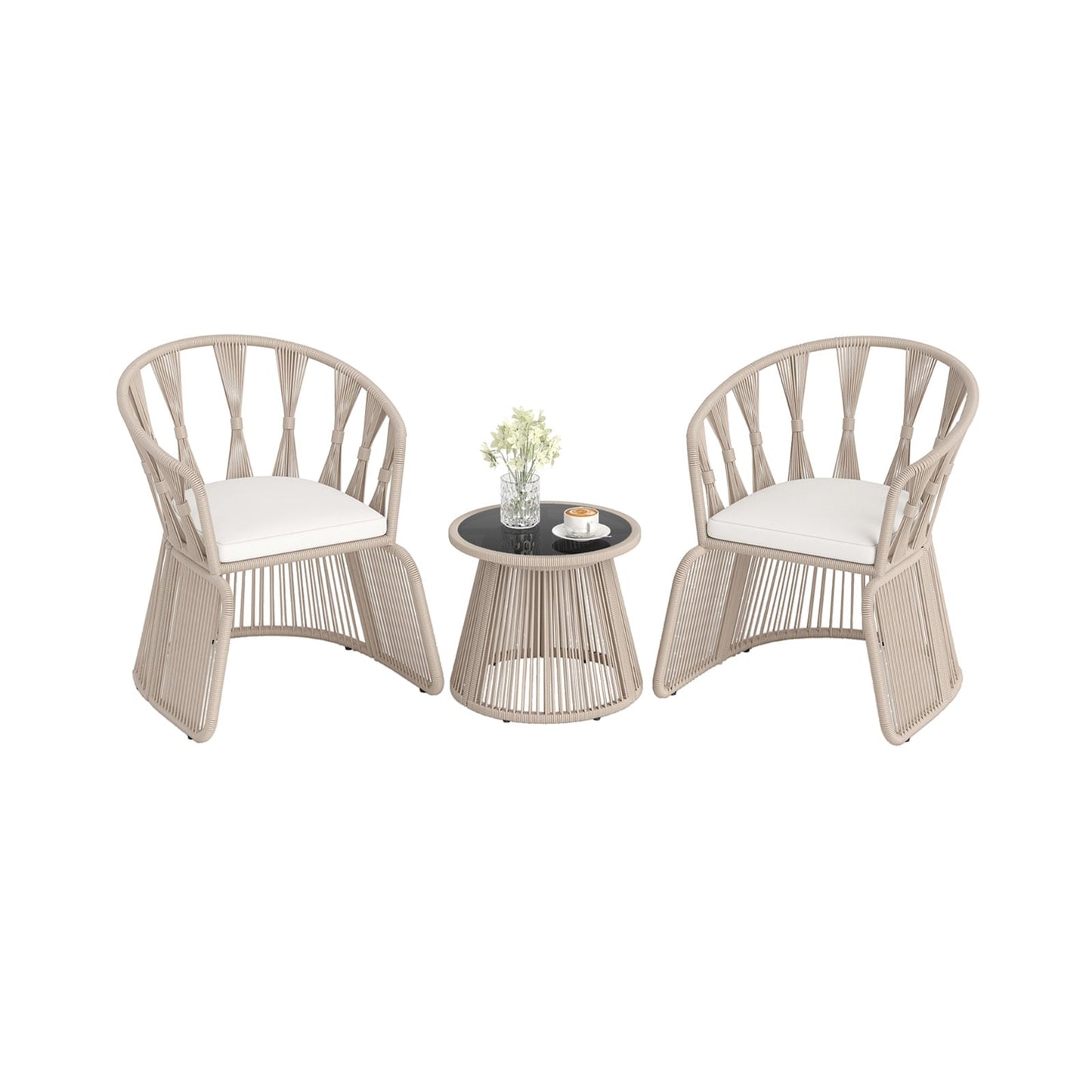 3 Piece Patio Leisure Chair Set Rope-Woven Armchairs and Table Set with Soft Seat Cushions-White