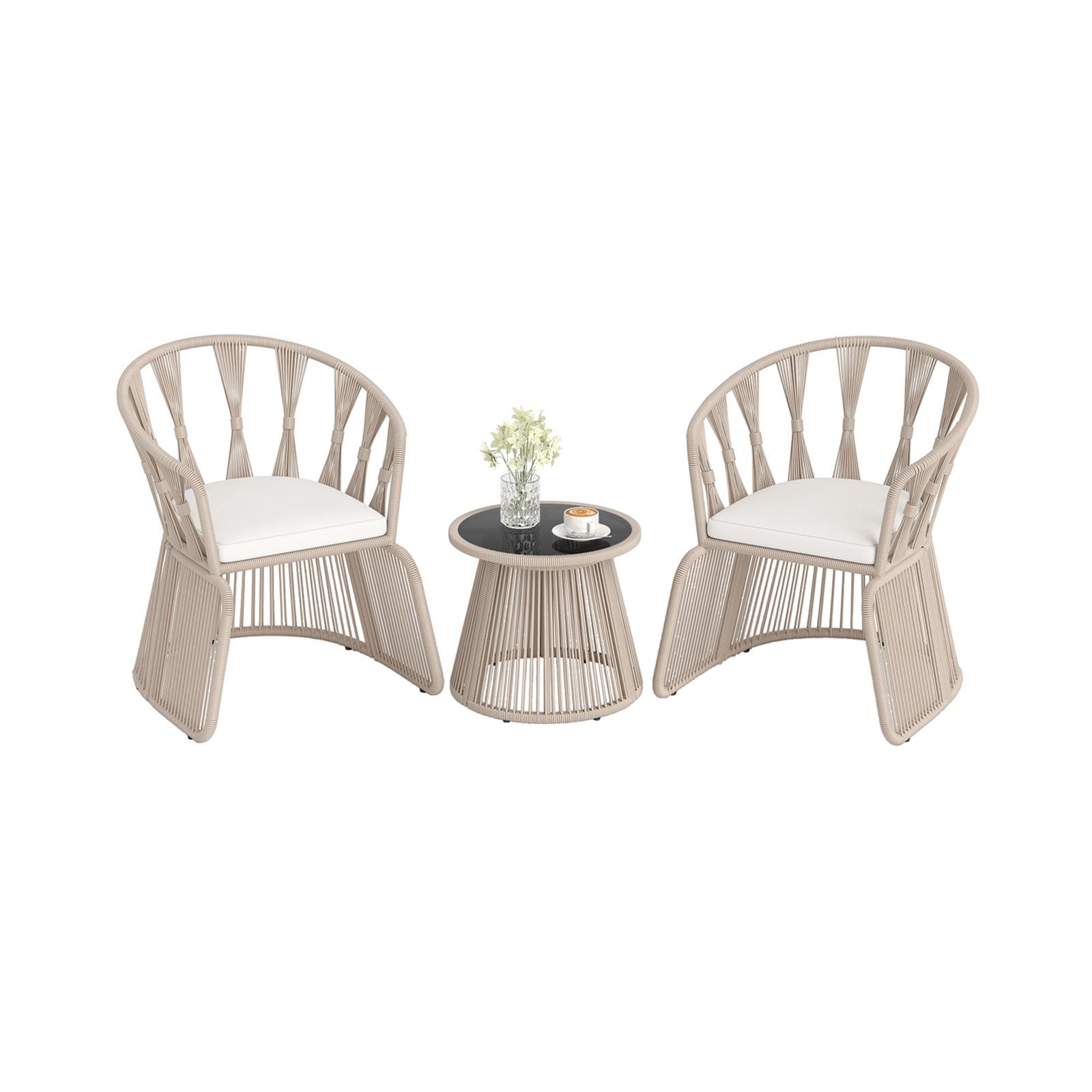 3 Piece Patio Leisure Chair Set Rope-Woven Armchairs and Table Set with Soft Seat Cushions-White