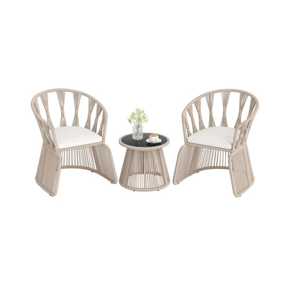 3 Piece Patio Leisure Chair Set Rope-Woven Armchairs and Table Set with Soft Seat Cushions-White