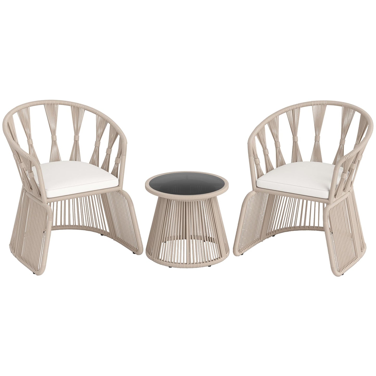 3 Piece Patio Leisure Chair Set Rope-Woven Armchairs and Table Set with Soft Seat Cushions-White