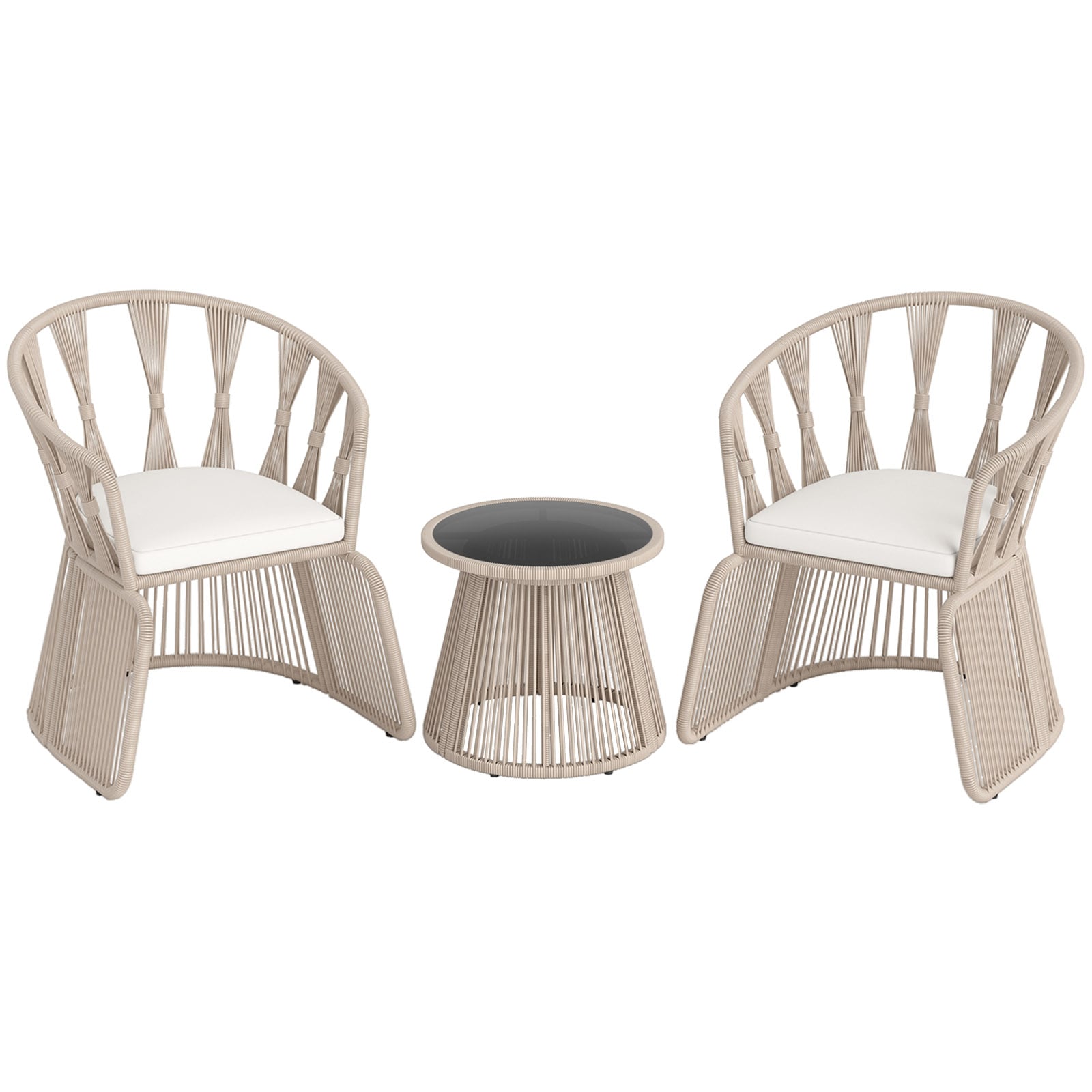 3 Piece Patio Leisure Chair Set Rope-Woven Armchairs and Table Set with Soft Seat Cushions-White