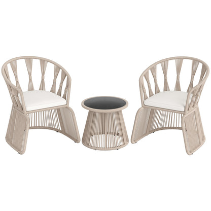 3 Piece Patio Leisure Chair Set Rope-Woven Armchairs and Table Set with Soft Seat Cushions-White