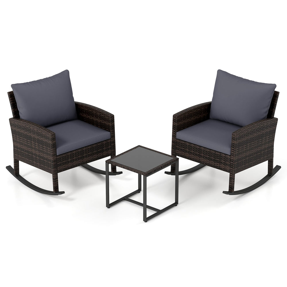 3-Piece Wicker Rocking Bistro Set with Tempered Glass Table and Cushions for Patio-Grey