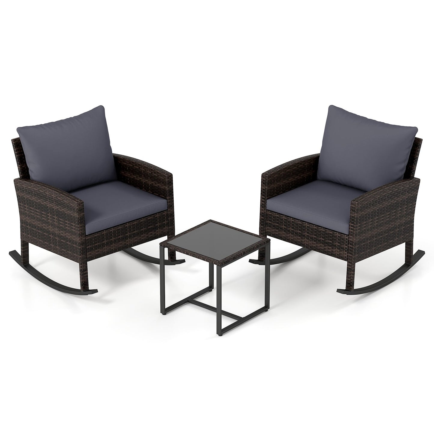 3-Piece Wicker Rocking Bistro Set with Tempered Glass Table and Cushions for Patio-Grey