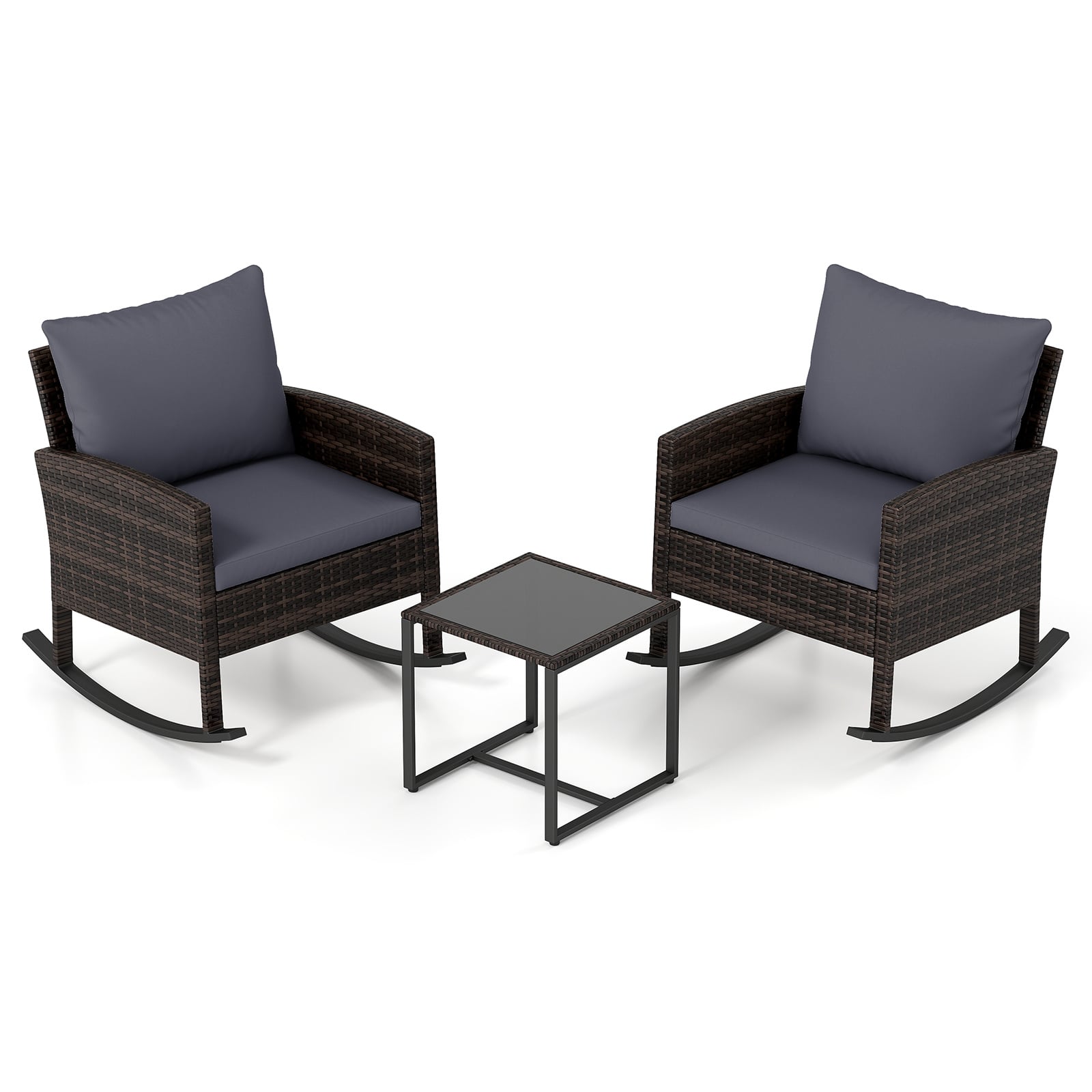 3-Piece Wicker Rocking Bistro Set with Tempered Glass Table and Cushions for Patio-Grey