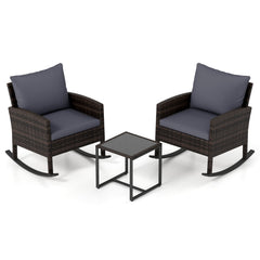 3-Piece Wicker Rocking Bistro Set with Tempered Glass Table and Cushions for Patio-Grey