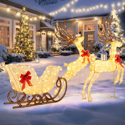 3-Piece Christmas Lighted Reindeer and Sleigh Set Lighted Deer Decoration