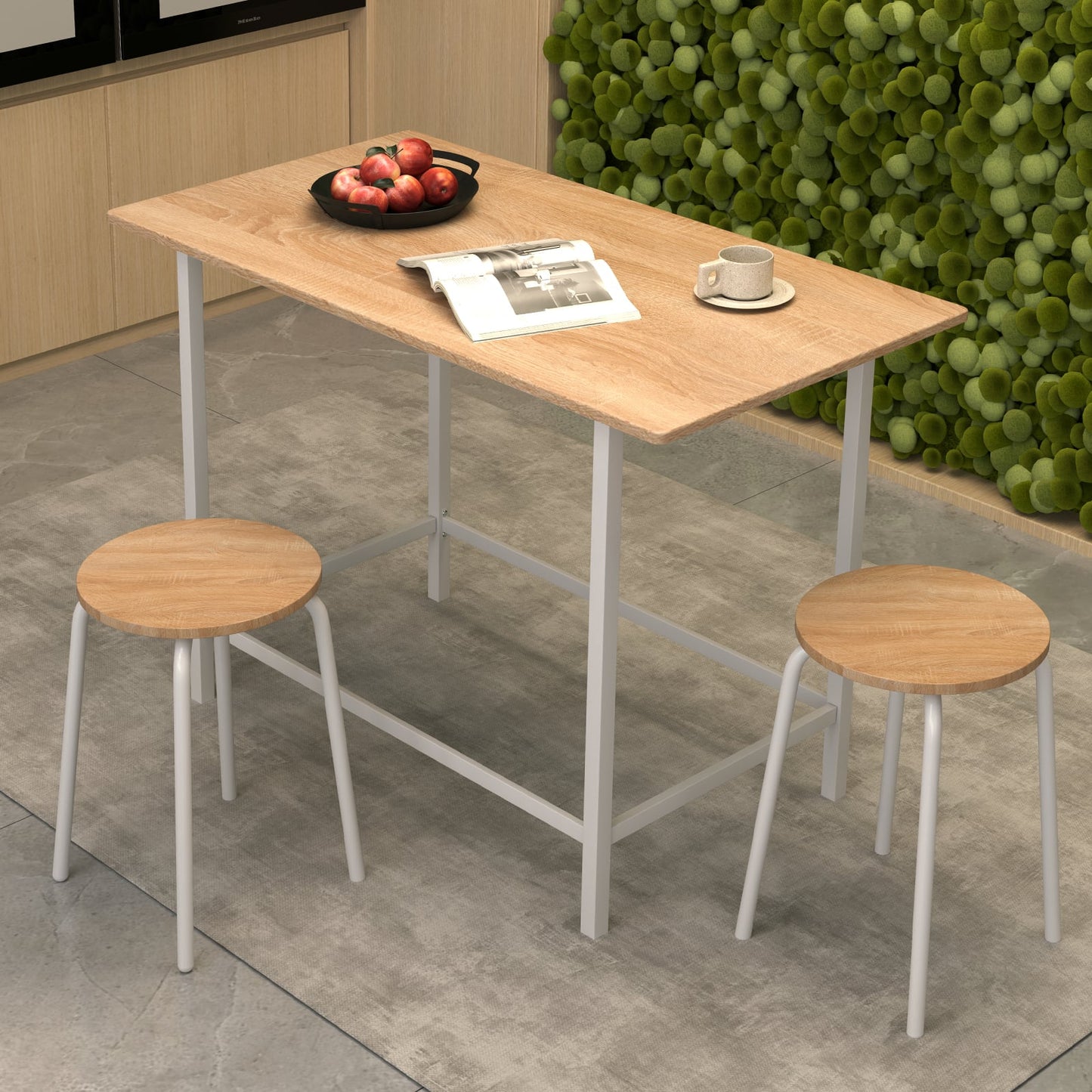 3-Piece Dining Set with 2 Round Chairs and Adjustable Foot Pads-Natural
