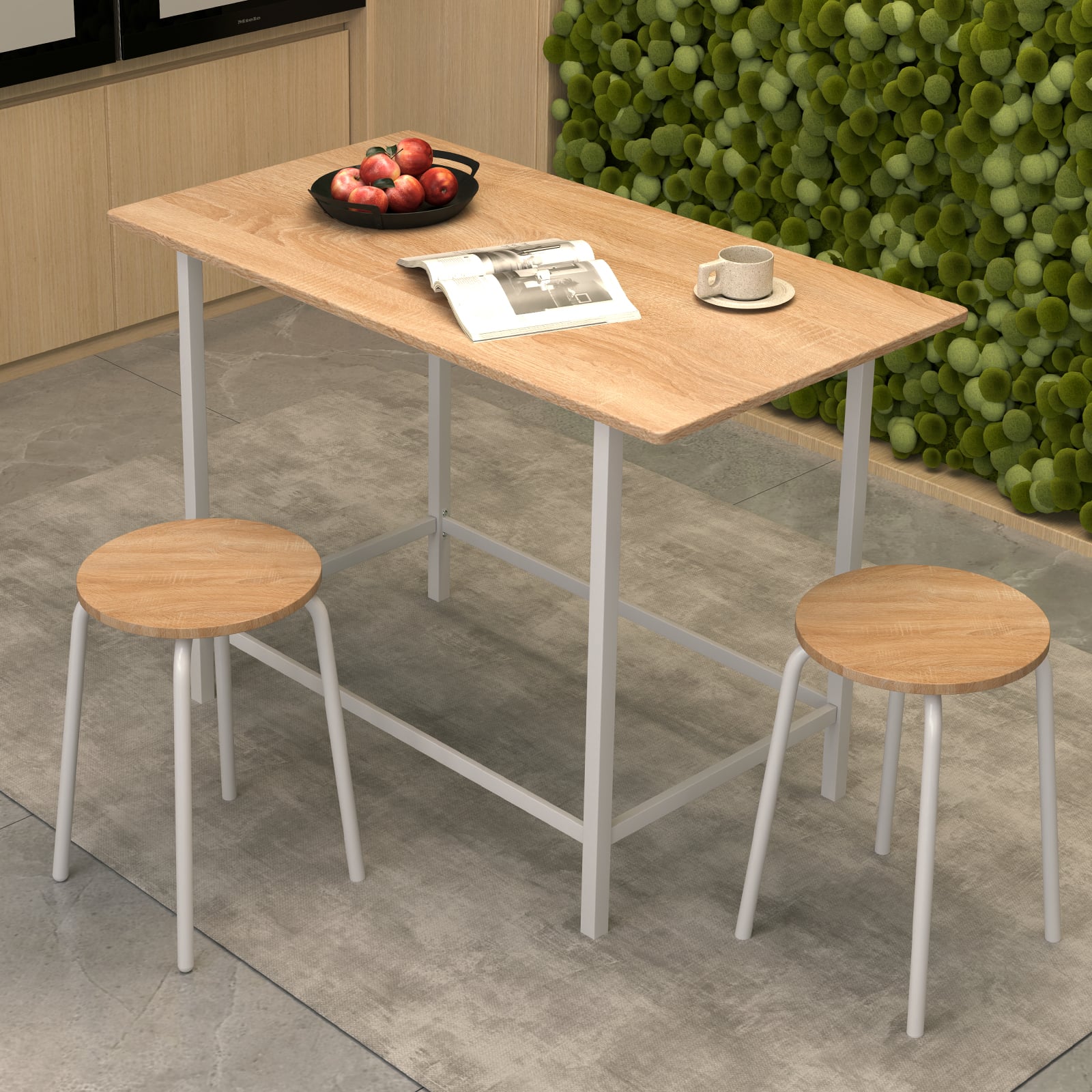 3-Piece Dining Set with 2 Round Chairs and Adjustable Foot Pads-Natural