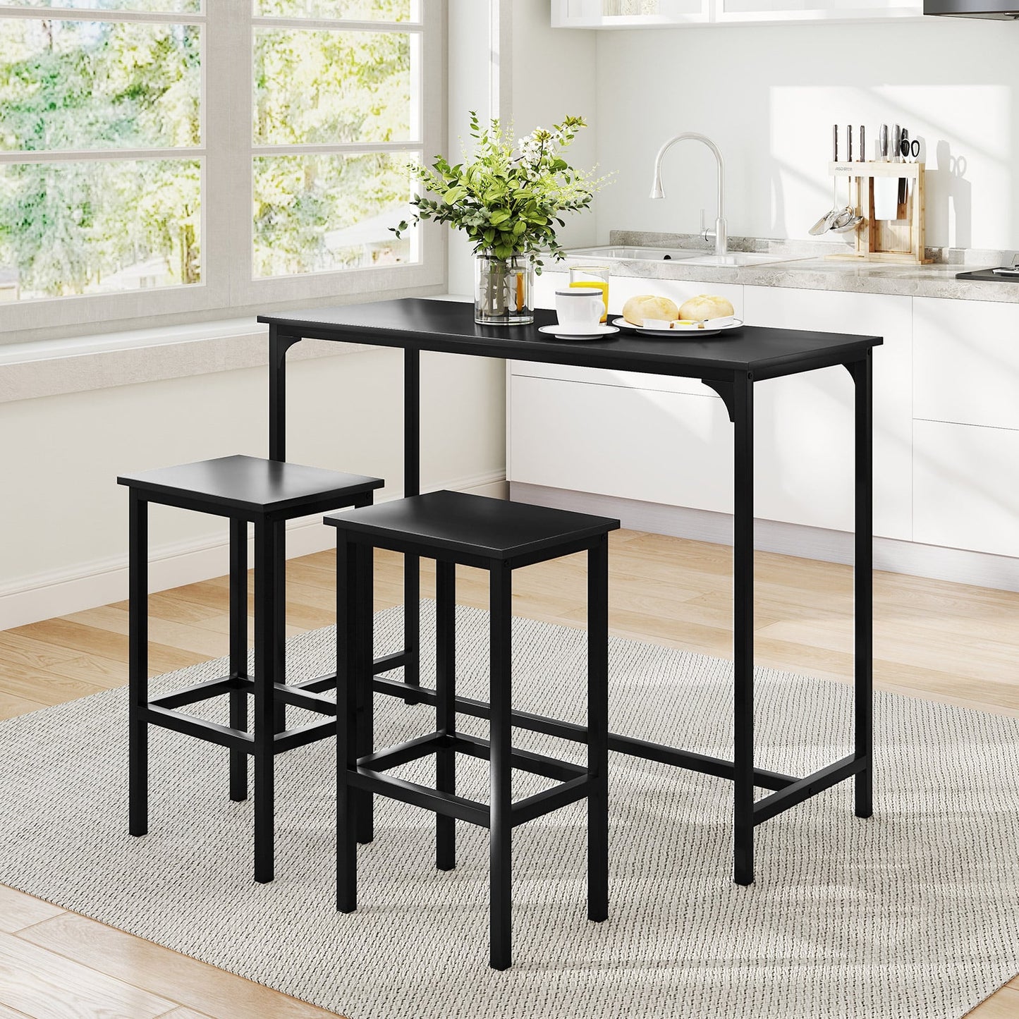 3-Piece Dining Table Set with High Top Rectangular Pub Table and Chairs-Black