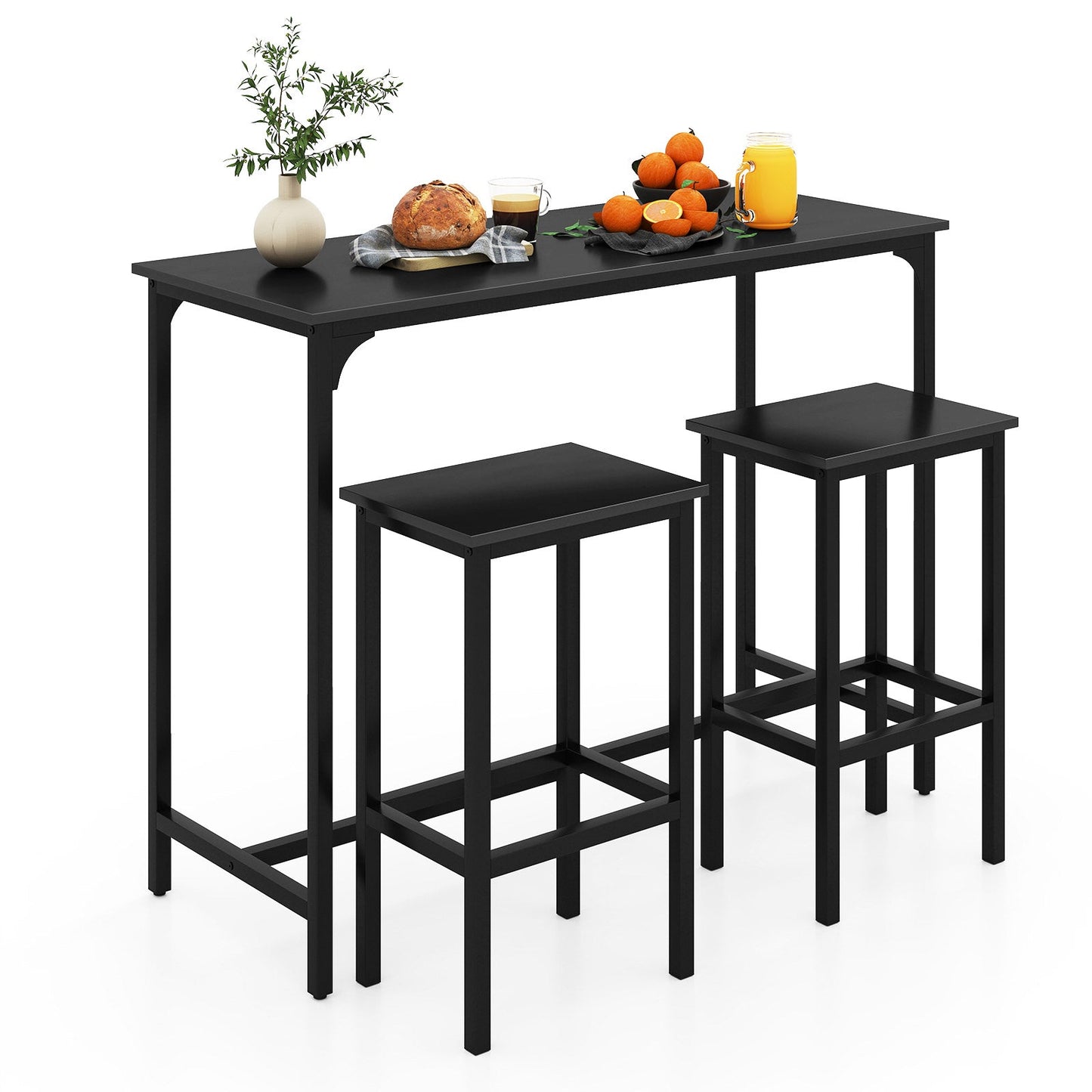 3-Piece Dining Table Set with High Top Rectangular Pub Table and Chairs-Black