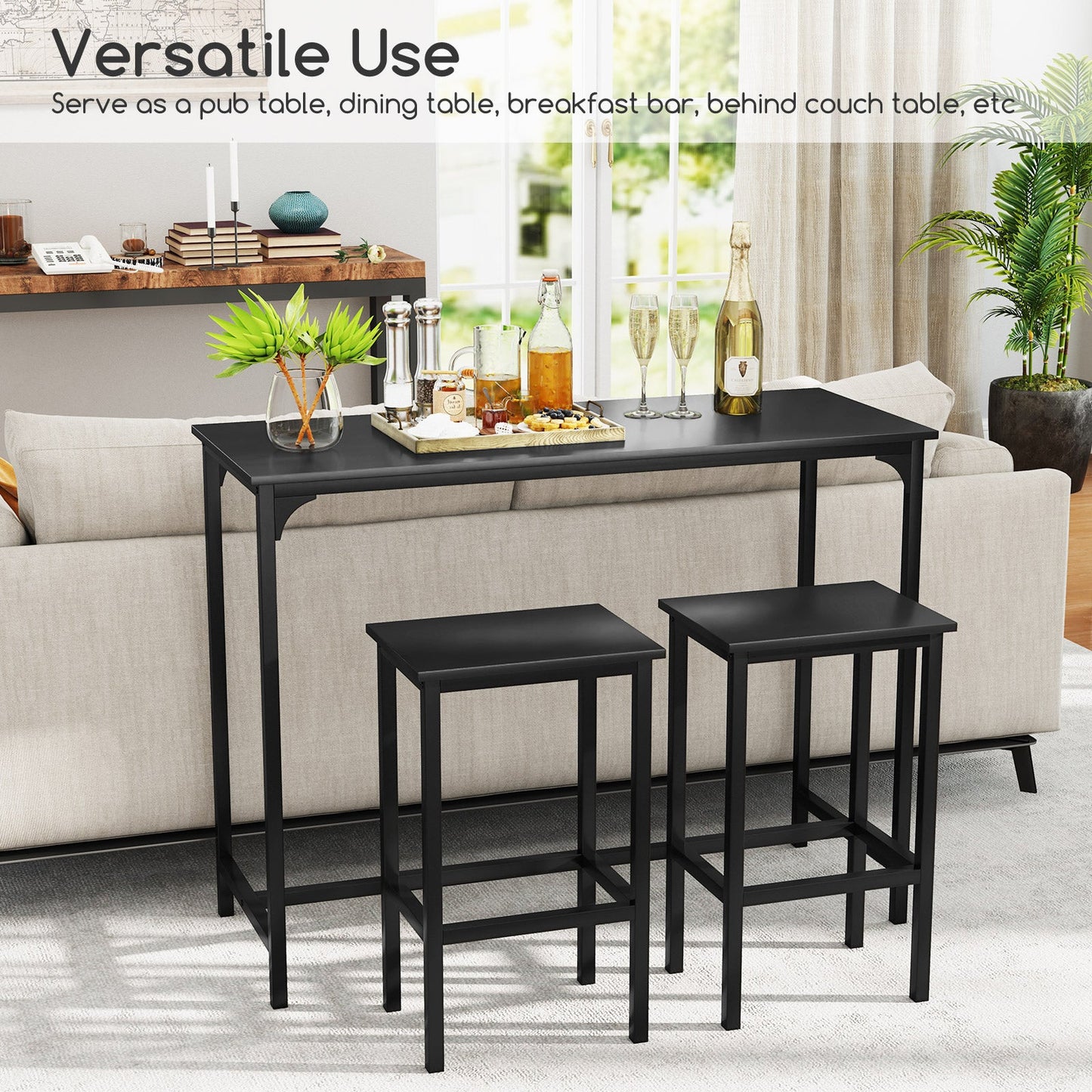 3-Piece Dining Table Set with High Top Rectangular Pub Table and Chairs-Black