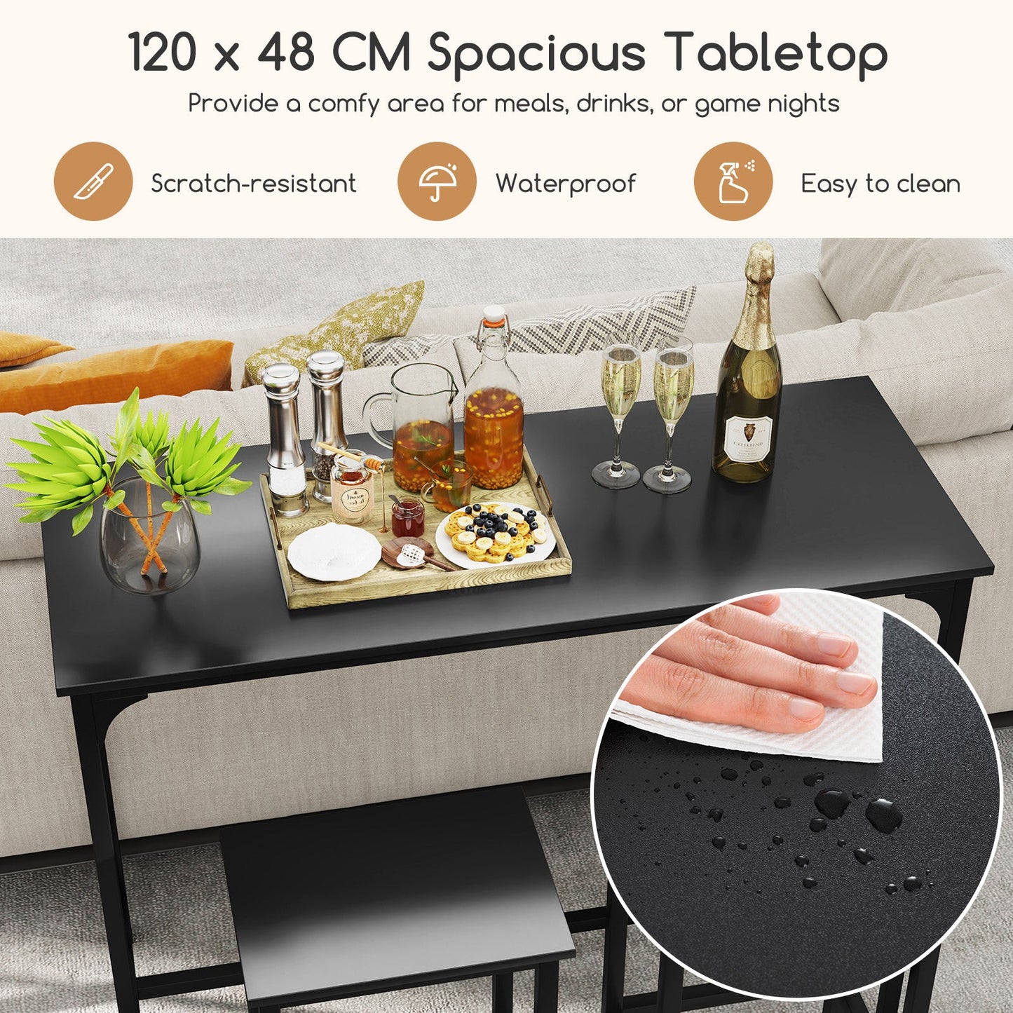 3-Piece Dining Table Set with High Top Rectangular Pub Table and Chairs-Black