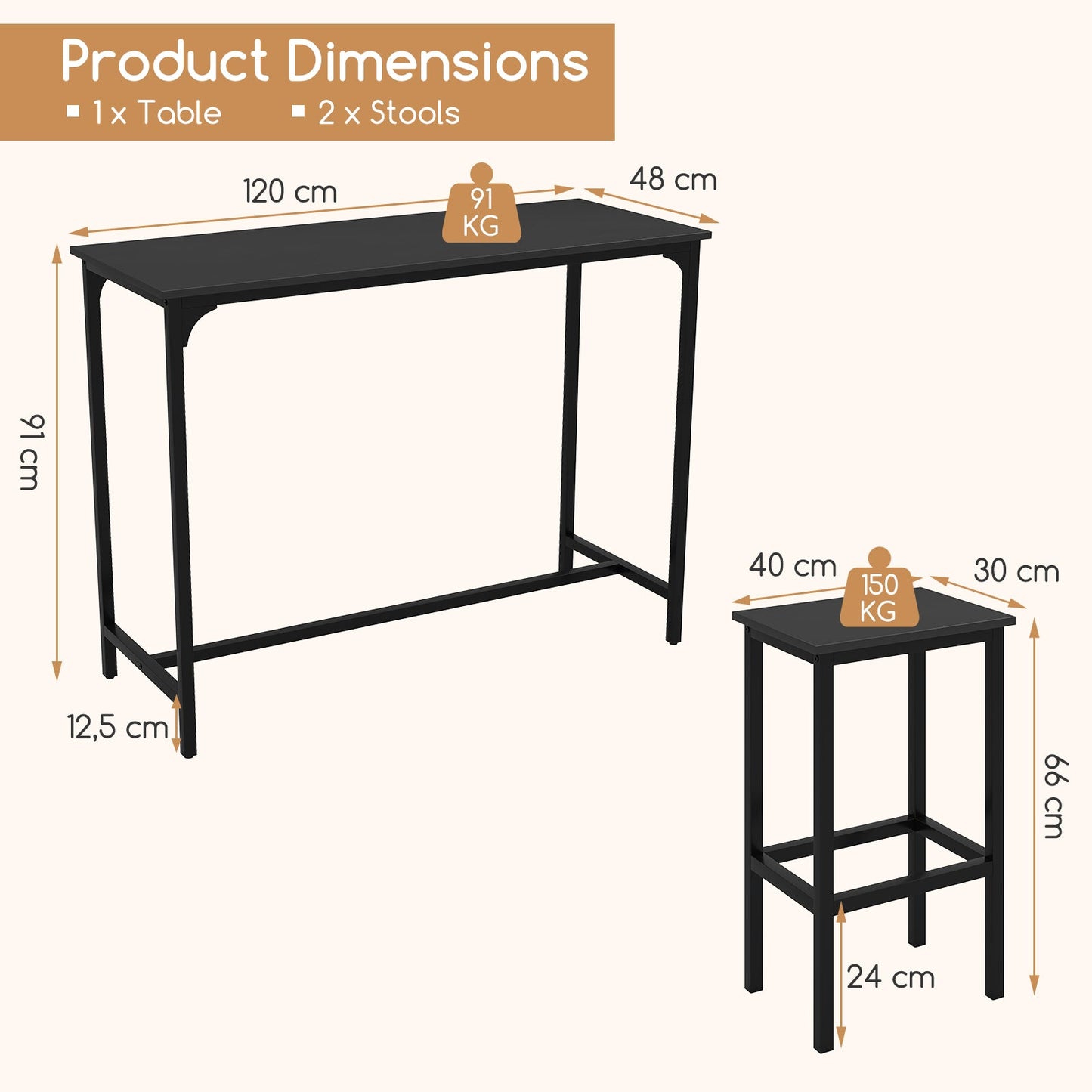 3-Piece Dining Table Set with High Top Rectangular Pub Table and Chairs-Black