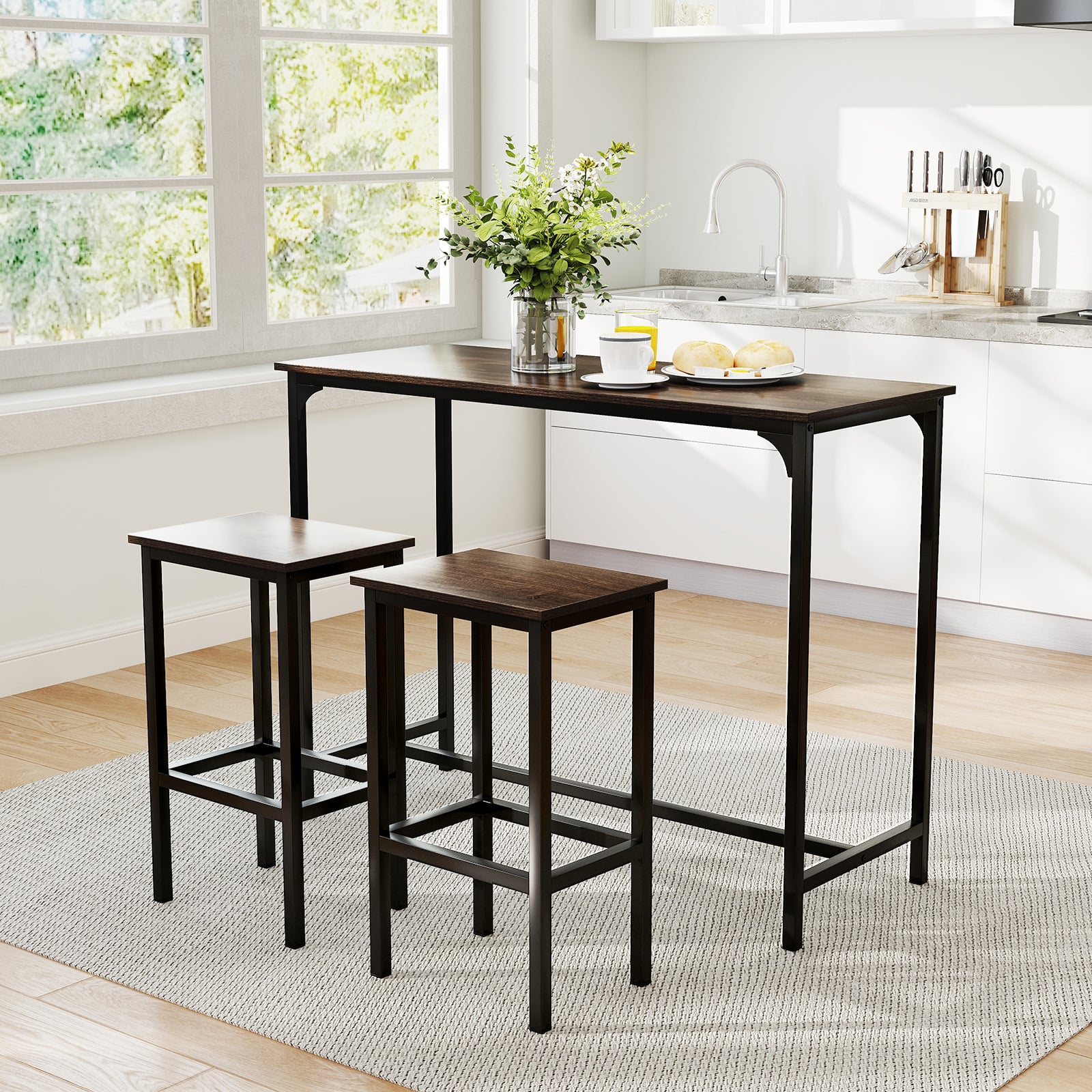 3-Piece Dining Table Set with High Top Rectangular Pub Table and Chairs-Grey