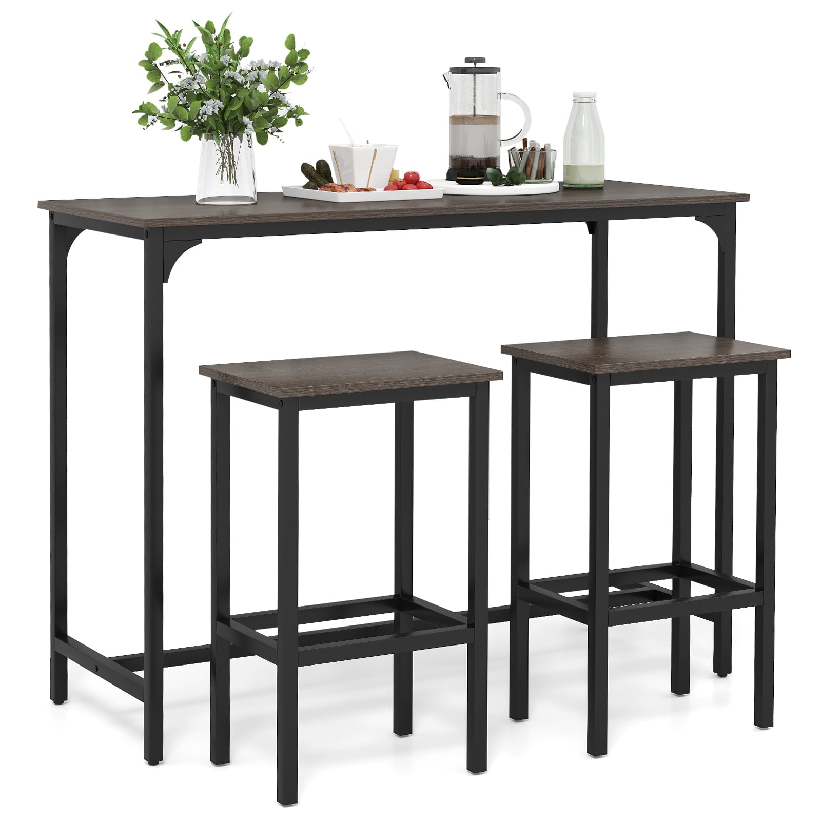 3-Piece Dining Table Set with High Top Rectangular Pub Table and Chairs-Grey