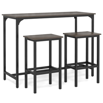 3-Piece Dining Table Set with High Top Rectangular Pub Table and Chairs-Grey
