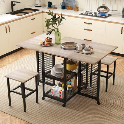 3-Piece Foldable Dining Table Set with Lockable Wheels for Small Place-Grey