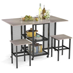 3-Piece Foldable Dining Table Set with Lockable Wheels for Small Place-Grey
