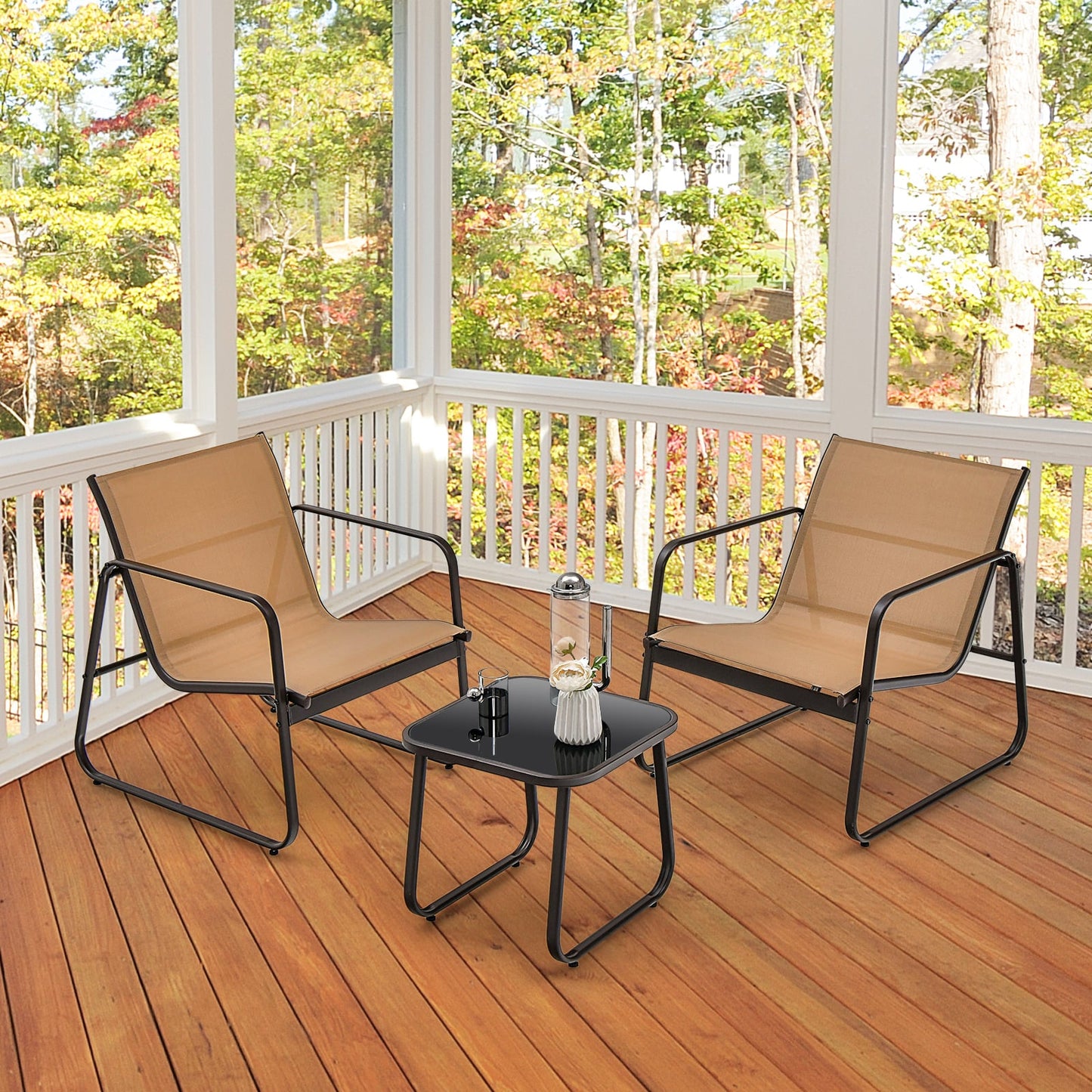 3 Pieces Patio Conversation Set with Breathable Fabric and Tempered Glass Tabletop-Brown