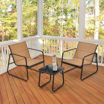 3 Pieces Patio Conversation Set with Breathable Fabric and Tempered Glass Tabletop-Brown