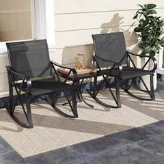 3-Piece Patio Rocking Bistro Rocker Chairs Set with Glass-Top Side Table-Black