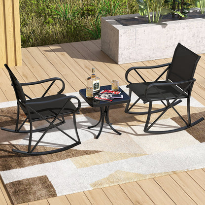 3-Piece Patio Rocking Bistro Rocker Chairs Set with Glass-Top Side Table-Black