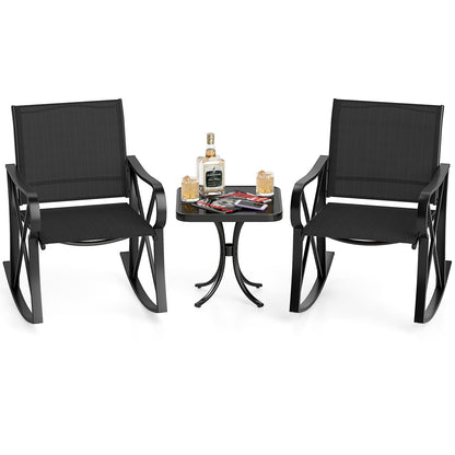 3-Piece Patio Rocking Bistro Rocker Chairs Set with Glass-Top Side Table-Black