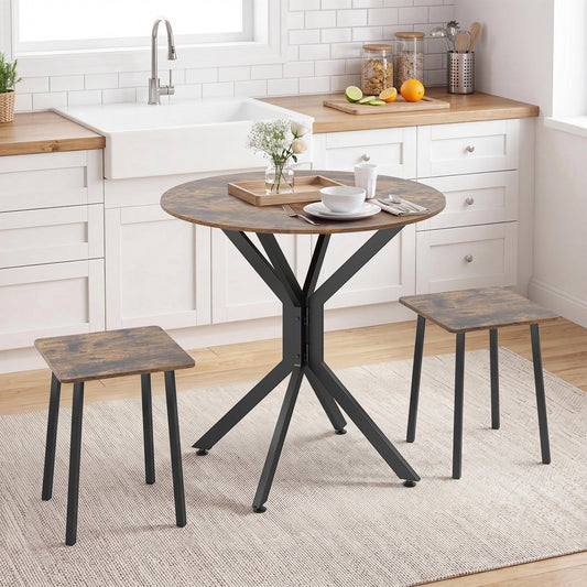 3-Pieces Drop Leaf Dining Table Set Extendable Round Folding Kitchen Table with 2 Stools-Rustic Brown