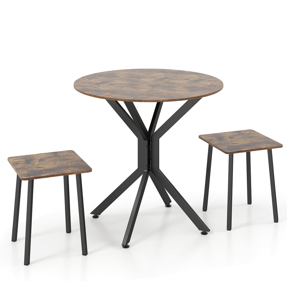 3-Pieces Drop Leaf Dining Table Set Extendable Round Folding Kitchen Table with 2 Stools-Rustic Brown
