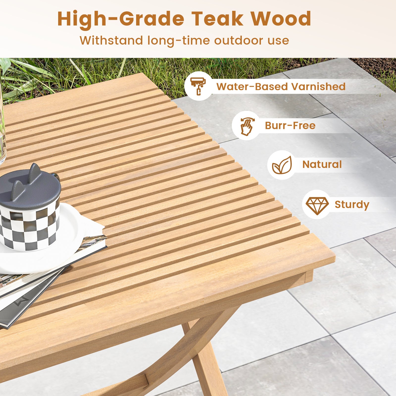 3-Pieces Folding Bistro Set Teak Wood Table and 2 Armchairs with Rattan Backrest