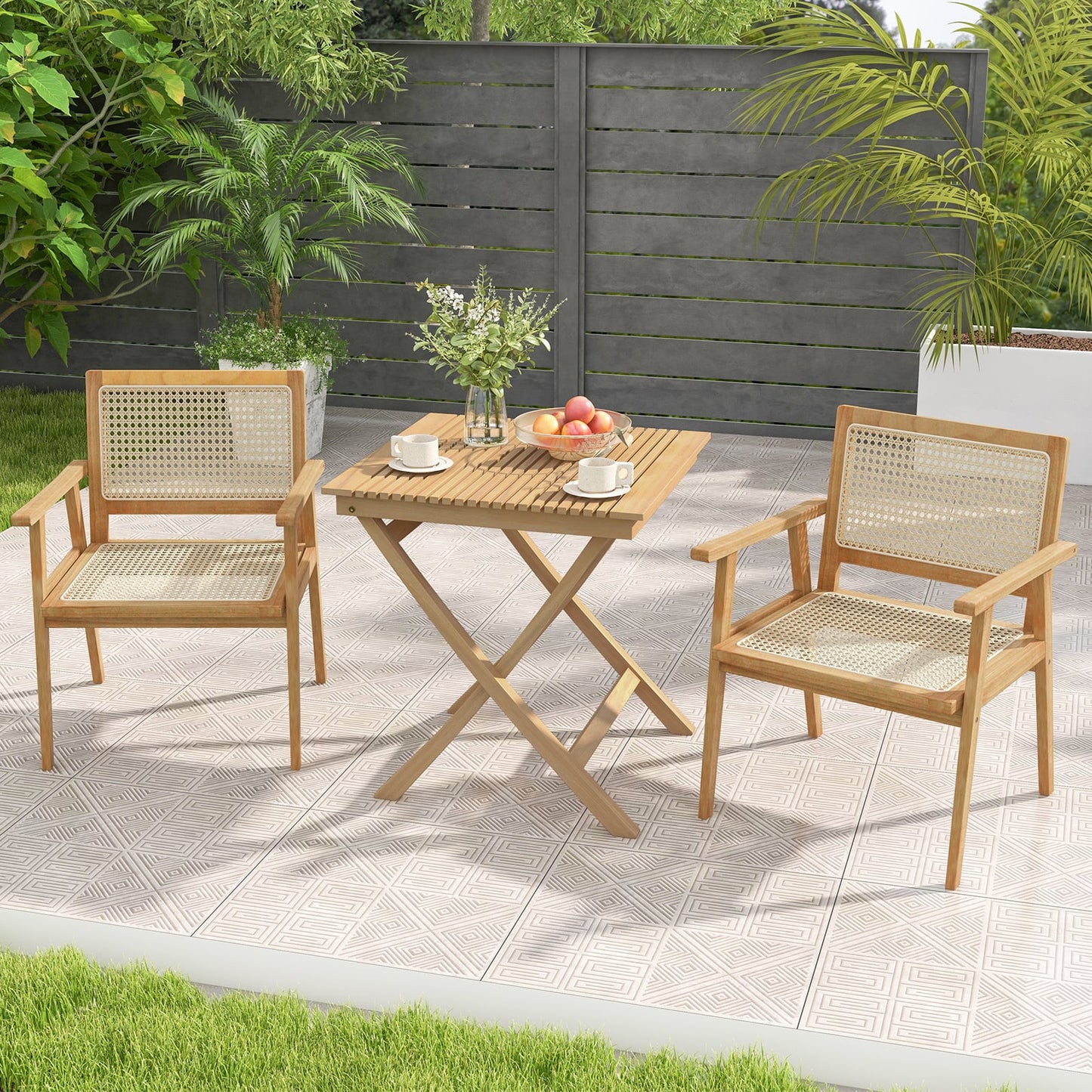 3-Pieces Folding Bistro Set Teak Wood Table and 2 Armchairs with Rattan Backrest