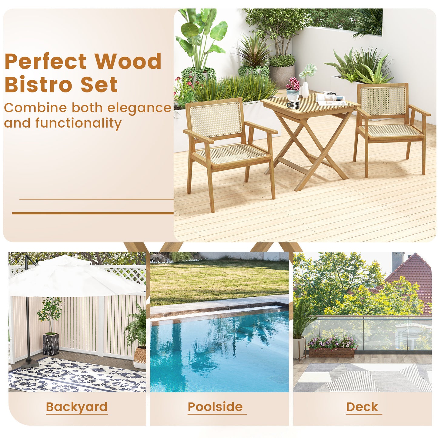 3-Pieces Folding Bistro Set Teak Wood Table and 2 Armchairs with Rattan Backrest