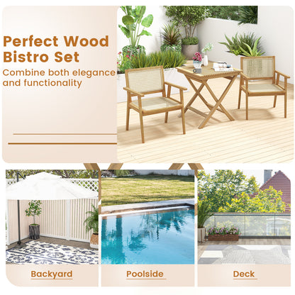 3-Pieces Folding Bistro Set Teak Wood Table and 2 Armchairs with Rattan Backrest