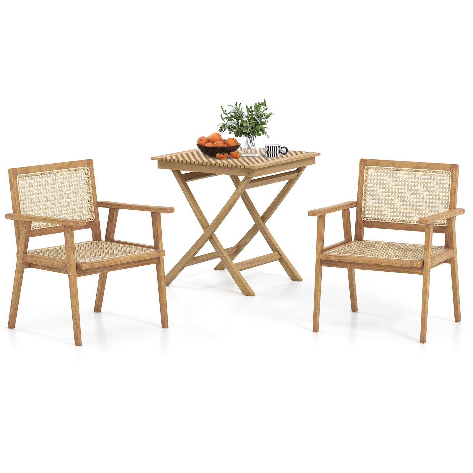 3-Pieces Folding Bistro Set Teak Wood Table and 2 Armchairs with Rattan Backrest