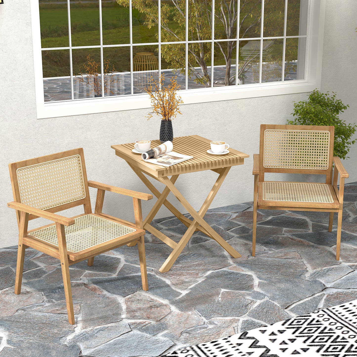 3-Pieces Folding Bistro Set Teak Wood Table and 2 Armchairs with Rattan Backrest