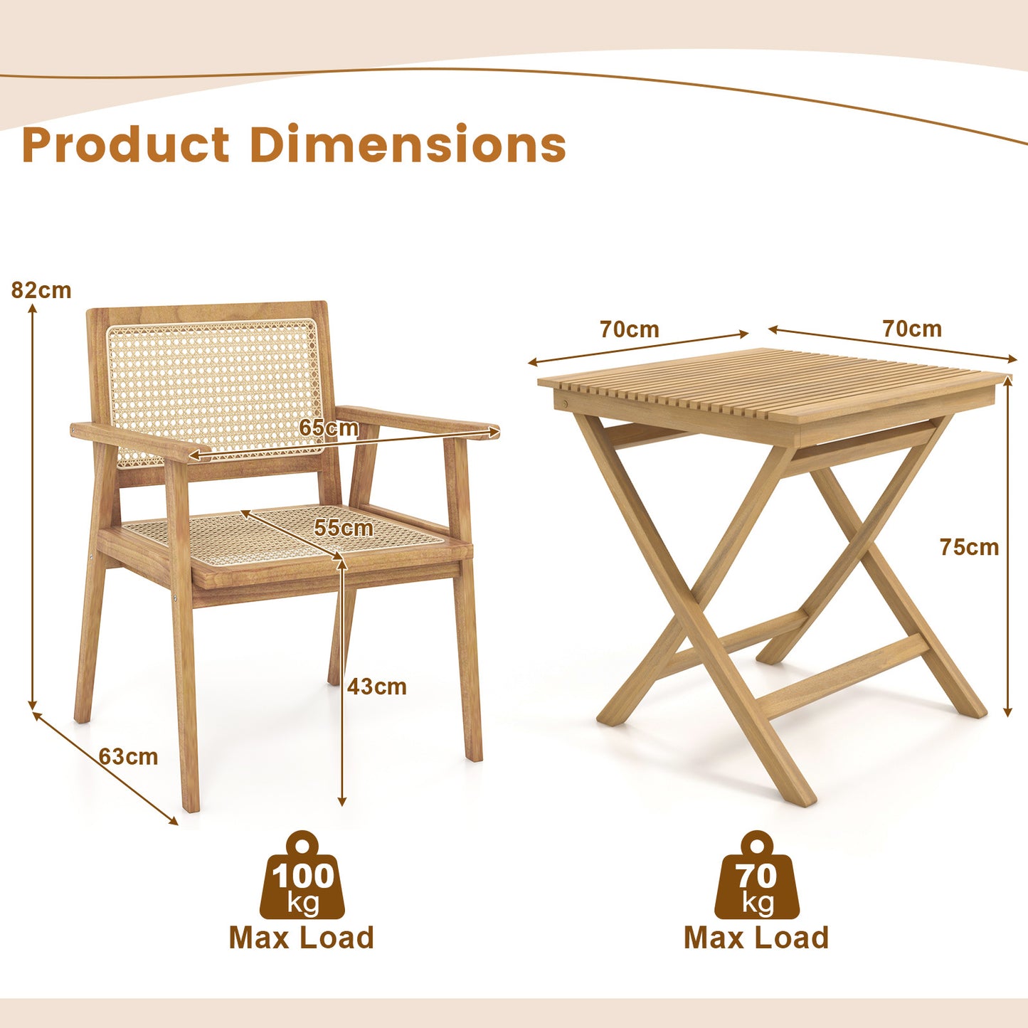 3-Pieces Folding Bistro Set Teak Wood Table and 2 Armchairs with Rattan Backrest