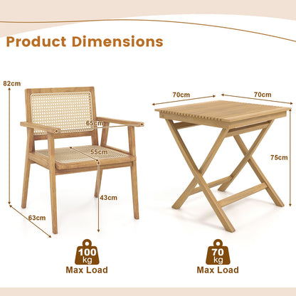 3-Pieces Folding Bistro Set Teak Wood Table and 2 Armchairs with Rattan Backrest