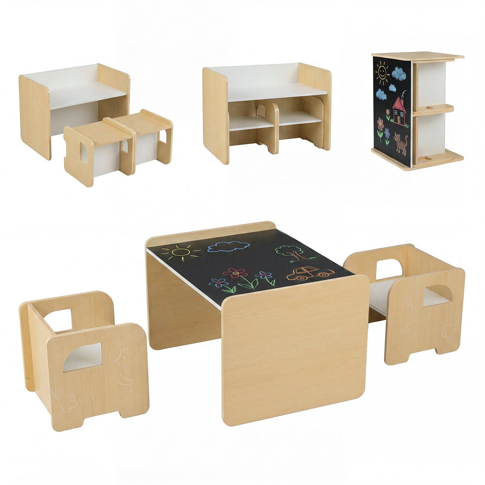 3 Pieces Kids Table and Chair Set with Chalkboard for Home-Natural