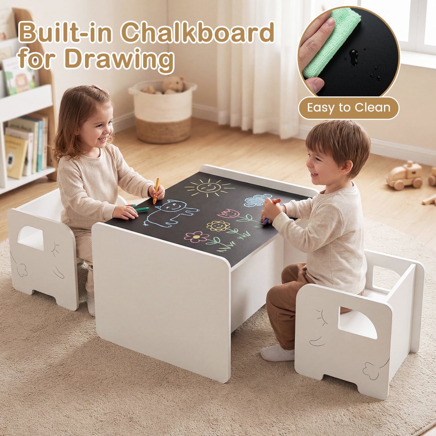 3 Pieces Kids Table and Chair Set with Chalkboard for Home-White