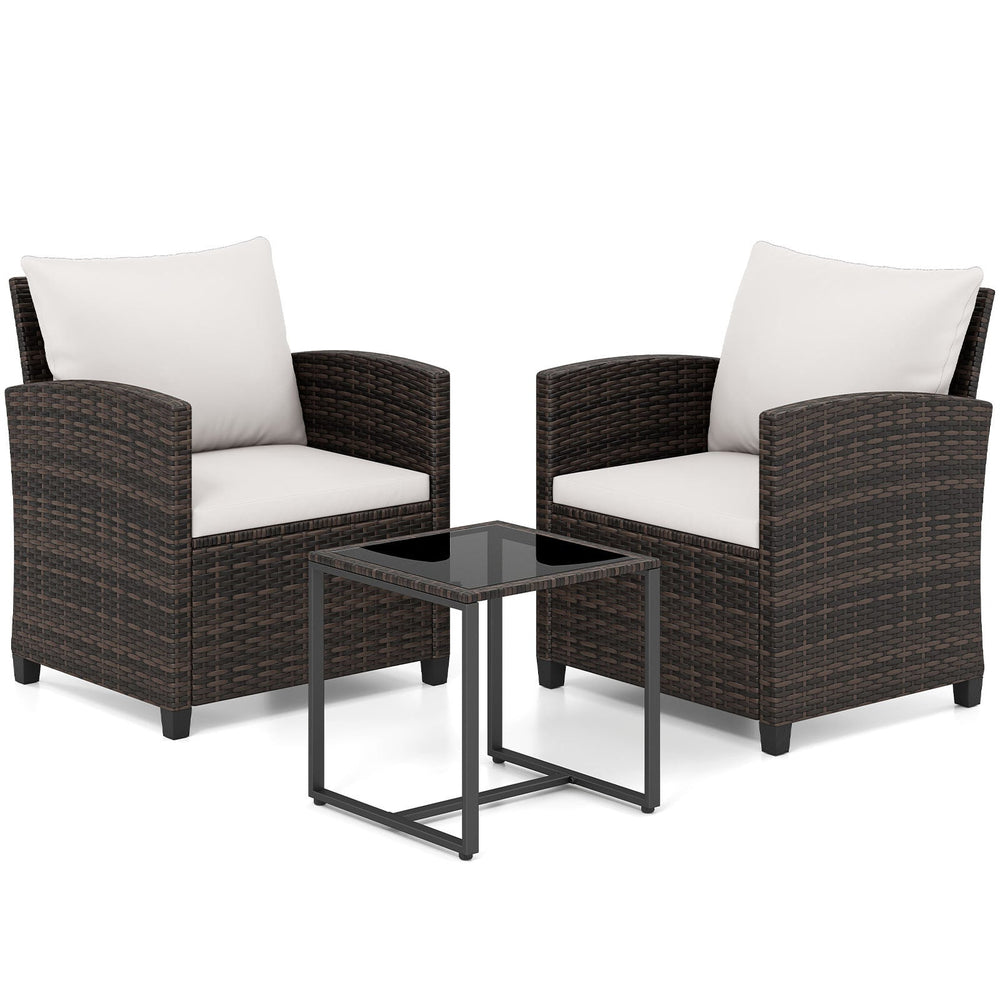3 Pieces PE Rattan Wicker Outdoor Bistro Conversation Set with Soft Cushions-Beige