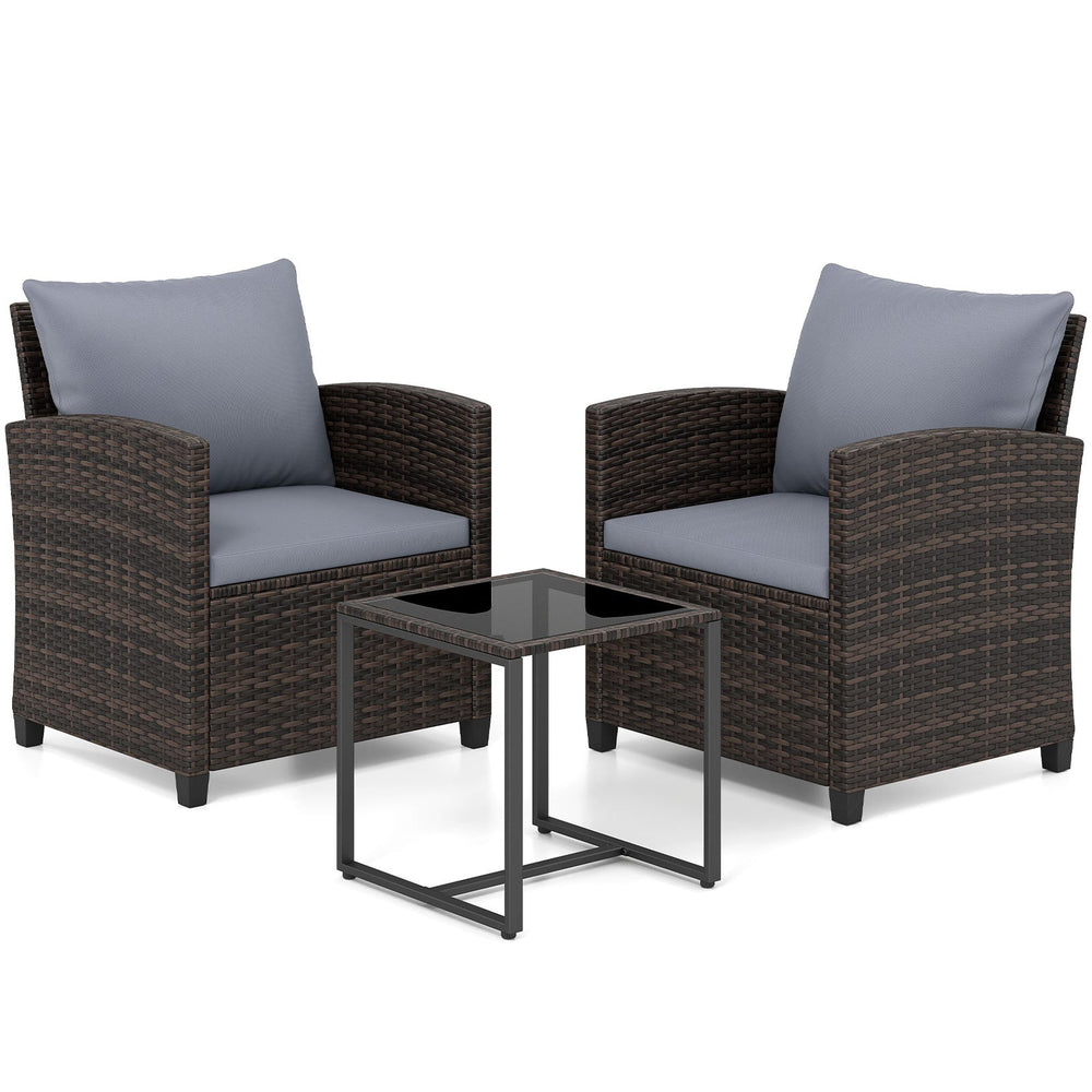 3 Pieces PE Rattan Wicker Outdoor Bistro Conversation Set with Soft Cushions and Tempered Glass Coffee Table-Grey