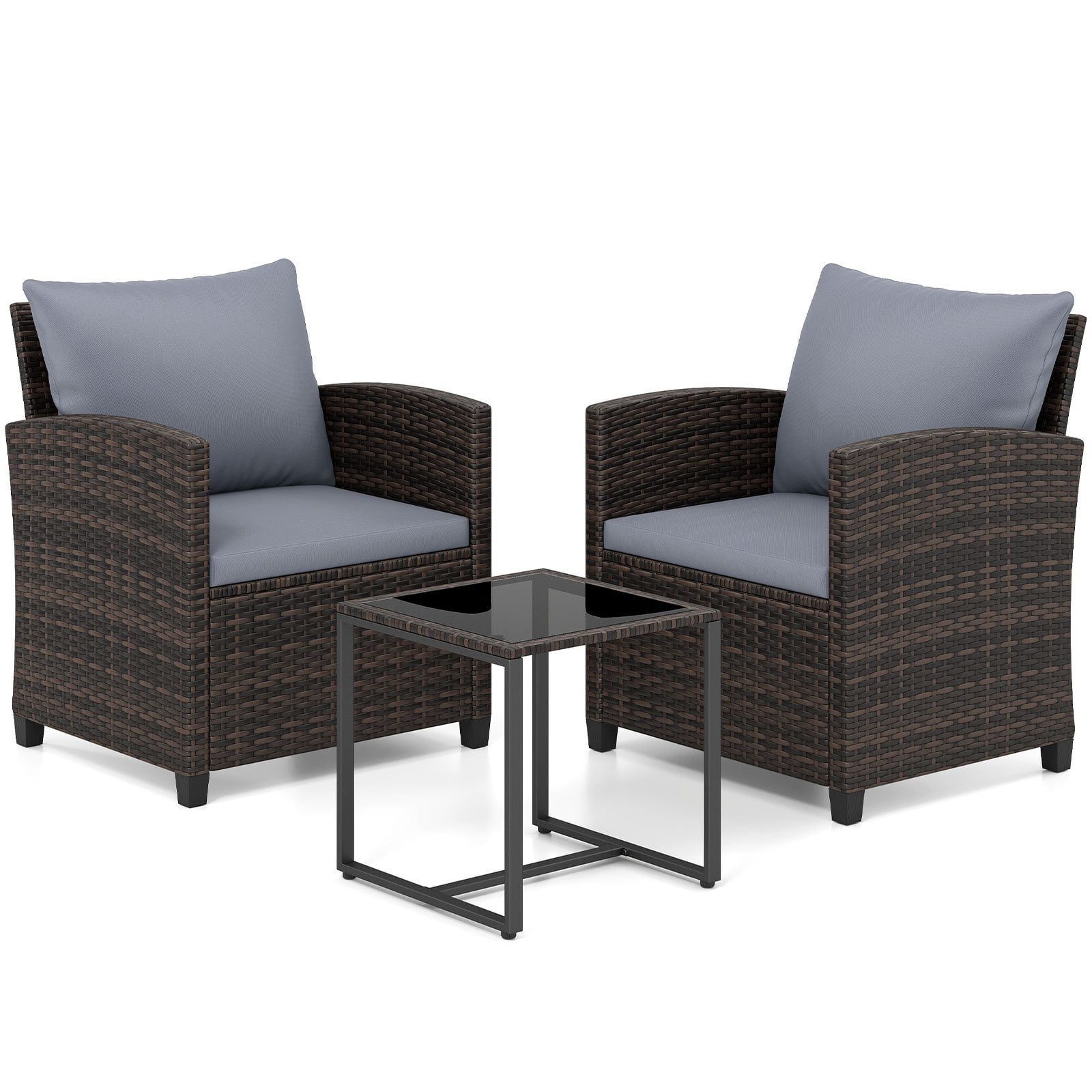 3 Pieces PE Rattan Wicker Outdoor Bistro Conversation Set with Soft Cushions and Tempered Glass Coffee Table-Grey