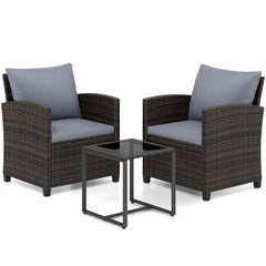 3 Pieces PE Rattan Wicker Outdoor Bistro Conversation Set with Soft Cushions and Tempered Glass Coffee Table-Grey