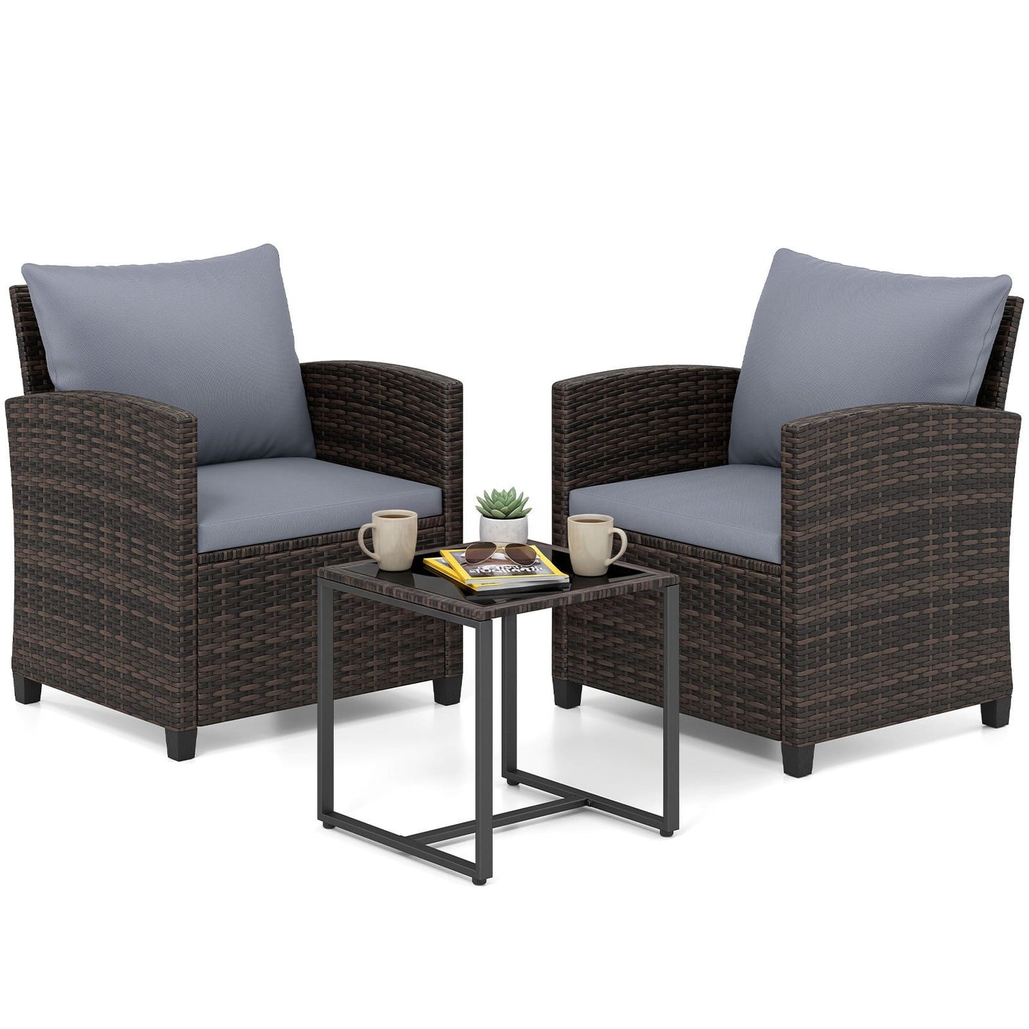 3 Pieces PE Rattan Wicker Outdoor Bistro Conversation Set with Soft Cushions and Tempered Glass Coffee Table-Grey