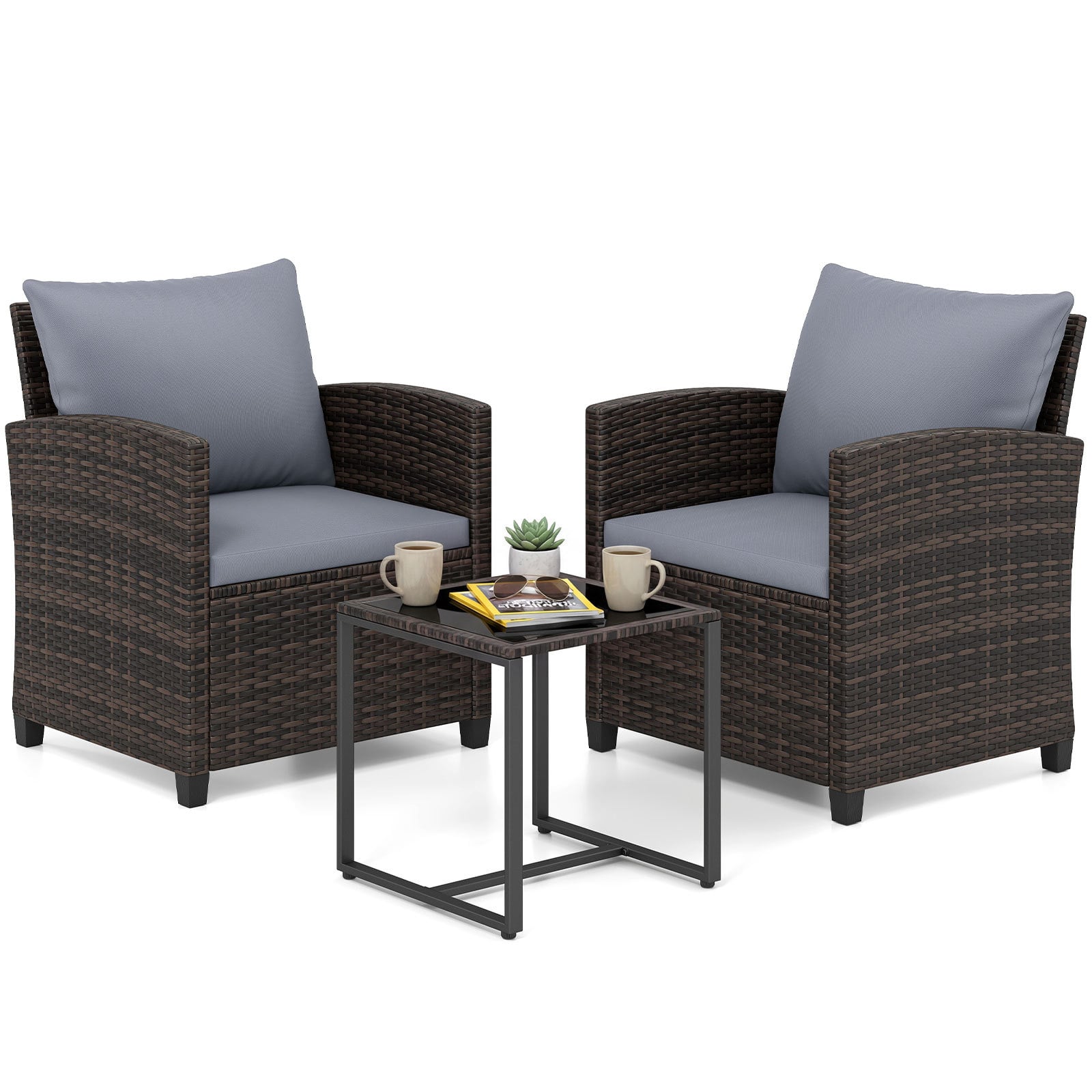 3 Pieces PE Rattan Wicker Outdoor Bistro Conversation Set with Soft Cushions and Tempered Glass Coffee Table-Grey