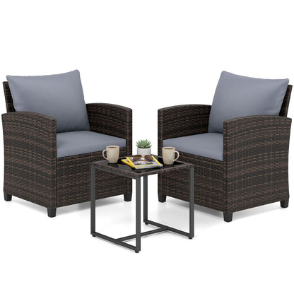 3 Pieces PE Rattan Wicker Outdoor Bistro Conversation Set with Soft Cushions and Tempered Glass Coffee Table-Grey