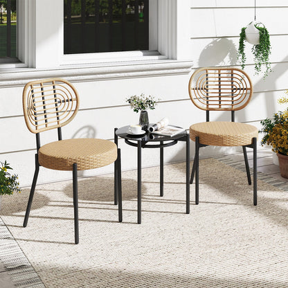 3 Pieces PE Wicker Outdoor Bistro Set Patio Conversation Set with Tempered Glass Coffee Table and Rattan Chairs-Brown
