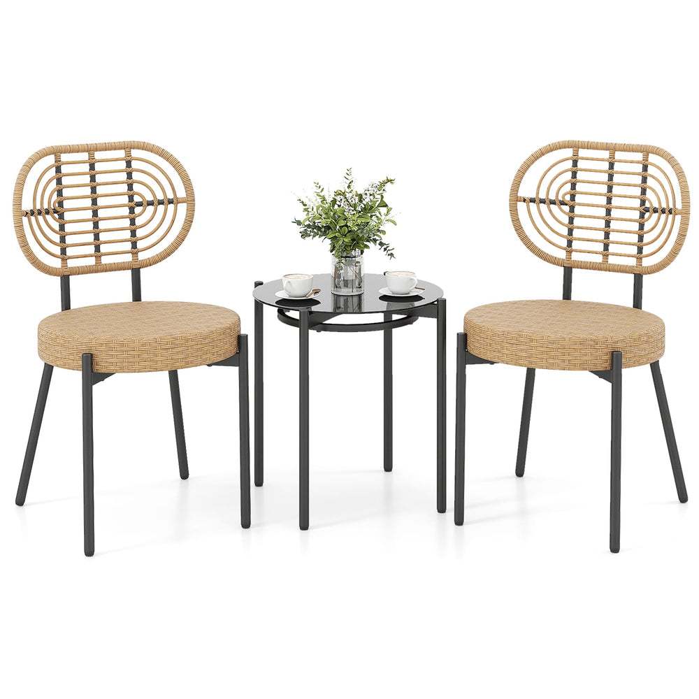3 Pieces PE Wicker Outdoor Bistro Set Patio Conversation Set with Tempered Glass Coffee Table and Rattan Chairs-Brown